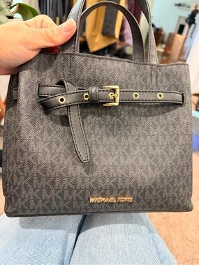 Michael Kors Black Logo-Print Satchel with Gold Accents